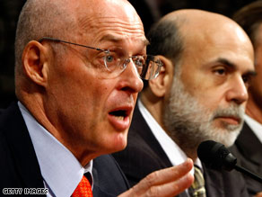 U.S. Treasury Secretary Henry Paulson, left, and Federal Reserve Chairman Ben Bernanke testify Tuesday.
