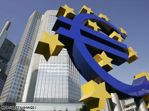 A giant euro symbol, the currency of the EU, stands in front of  the European Central Bank.