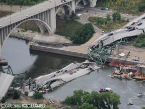 The I-35W bridge lies in ruins in August 2007 in Minneapolis, Minnesota.