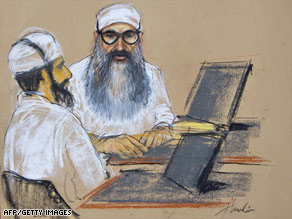 A sketch shows Walid bin Attash, left, and Khalid Sheikh Mohammed in court at Guantanamo Bay in June.