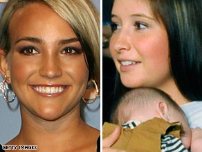 Jamie Lynn Spears, left, and Bristol Palin, holding her brother Trig, have both experienced pregnancy as teens.