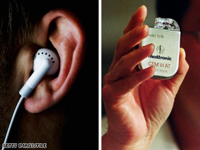 Magnets in earphones could affect heart devices such as a pacemaker, right, a new report says.