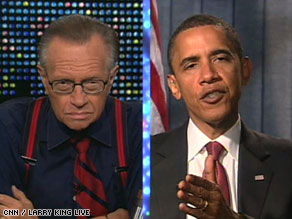 Sen. Barack Obama answers questions from Larry King in a taped interview on Tuesday.