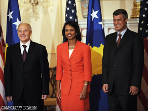 Condoleezza Rice meets with Kosovo President Fatmir Sejdiu, left, and Prime Minister Hashim Thaci.