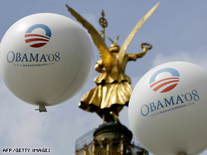 Balloons with Sen. Barack Obama's campaign logo appear Thursday in front of Berlin's Victory Column.