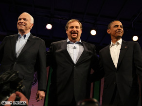 John McCain, Rick Warren and Barack Obama take the stage together at the forum on faith.