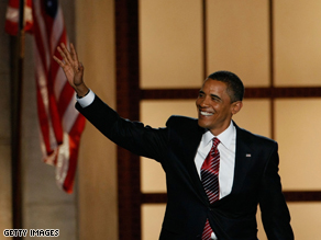 Obama addresses a standing room only crowd at Invesco Field, home of the Denver Broncos football team.