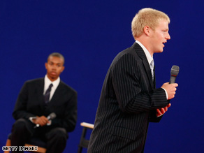 Students stand in for the candidates during a rehearsal Monday at Belmont University in Nashville, Tennessee.