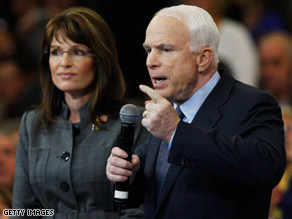 Sen. John McCain and Alaska Gov. Sarah Palin campaign in Waukesha, Wisconsin, on Thursday.