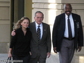 Sen. Ted Stevens leaves the federal courthouse earlier this week with his daughter Beth Stevens.