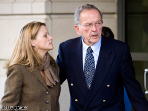 Sen. Ted Stevens leaves the federal courthouse Thursday with his daughter Beth Stevens.