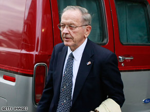 Sen. Ted Stevens leaves federal court Monday as the jury deliberated in his corruption trial.