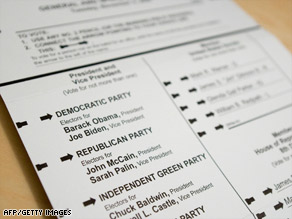 An absentee ballot from Arlington County in Virginia shows the names of the general election candidates.