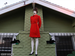 A Halloween display resembling Sarah Palin hanging in West Hollywood.