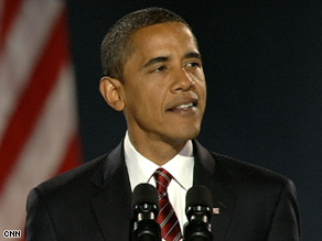 Barack Obama speaks at a rally in Chicago, Illinois, after winning the presidency Tuesday night.