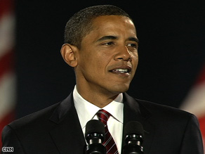 Barack Obama addresses a crowd of more than 200,000 at Grant Park in Chicago, Illinois.