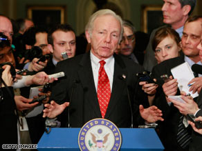 Sen. Joe Lieberman speaks Tuesday after Democrats allowed him to keep his committee chairmanship.