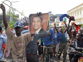 People in Kisumu, Kenya, celebrate the election of Barack Obama.