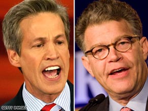 Republican Sen. Norm Coleman, left, has a slim lead over Democrat Al Franken in Minnesota's Senate race.