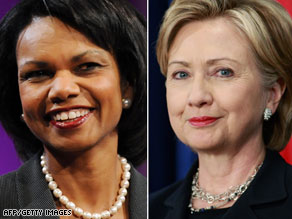 Secretary of State Condoleezza Rice, left, and Sen. Hillary Clinton dined together Monday night.