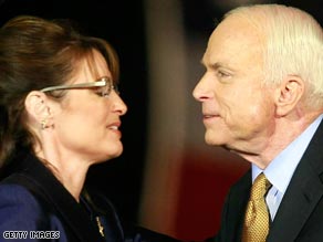 Sen. John McCain and Gov. Sarah Palin embrace after election results were in November 4.