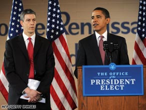 Arne Duncan listens Tuesday as President-elect Obama announces him as his choice for education secretary.
