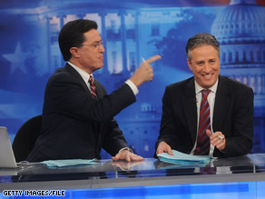 Stephen Colbert, left, and Jon Stewart host "Indecision 2008" on Comedy Central.