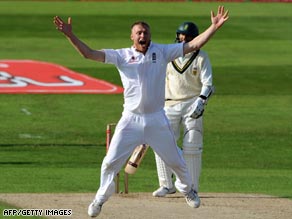 Andrew Flintoff appeals for the wicket of South Africa batsman Hashim Amla at Headingley.