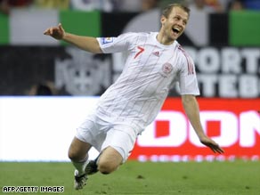 Denmark's Daniel Jensen celebrates after scoring his late winner against Portugal in Lisbon.