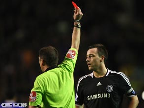 England captain John Terry is given his marching orders in Chelsea's 0-0 draw at Everton.