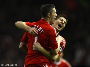 Keane is congratuled by Gerrard after the pair combined for Liverpool's second.