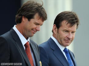 U.S. Ryder Cup captain Paul Azinger and European counterpart Nick Faldo
