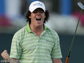 Irish teenager Rory McIlroy celebrates after winning the Dubai Desert Classic golf tournament on February 1, 2009.