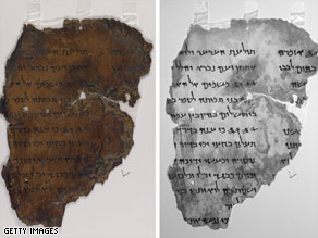 A fragment of the Dead Sea Scrolls, left, as seen by a high-resolution single-wavelength infrared imager, right.