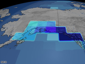 This image shows the changing rate of mass in mountain glaciers on the Gulf of Alaska.