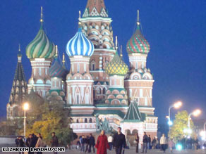 The iconic St. Basil's Cathedral in Red Square takes on a brighter, more colorful look at night.