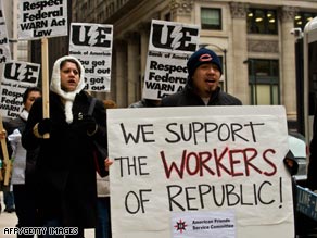 Protesters demonstrate in support of the window-factory workers in Chicago on Wednesday.