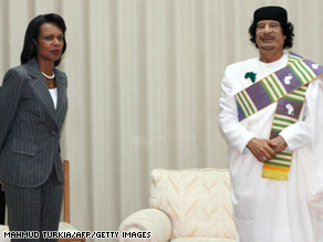 Condoleezza Rice and Libyan leader Moammar Gadhafi discussed the weather Friday at their initial meeting.