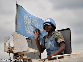 A U.N. peacekeeper rides atop an armored vehicle last week in Goma, Democratic Republic of Congo.
