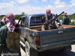 Recent image of Islamist fighters at a camp in the northern outskirts of Mogadishu