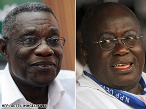 John Evans Atta Mills, left, of the opposition NDC leads Nana Akufo-Addo, right, of the ruling NPP in the runoff.