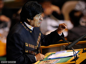 Bolivian President Evo Morales speaks at the United Nations in New York on Tuesday.