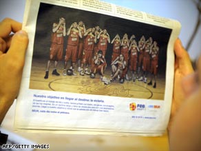 The photo, taken for a sponsor of the Spanish basketball team, shows the players making an eye gesture.