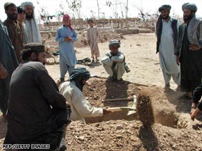 An Afghan man prepares a grave after a U.S. airstrike in Afghanistan's Herat province last month.