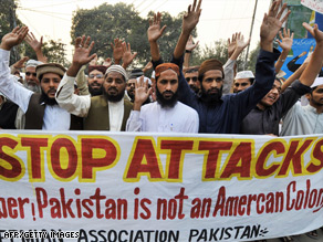 Protestors in Lahore demonstrate against U.S. missile strikes on the Pakistani tribal areas.