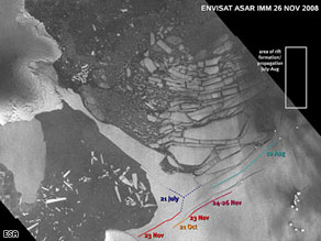 A satellite image of the Wilkins Ice Shelf, which could break away from the Antarctic Peninsula.