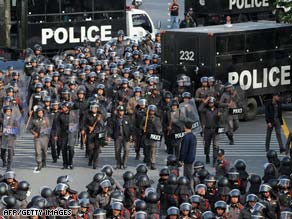 Anti-riot police stationed outside Suvarnabhumi airport on Sunday.