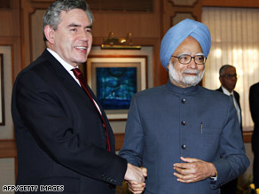 Britain's Gordon Brown meets with India Prime Minister Manmohan Singh before heading to Pakistan.