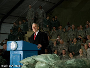 U.S. President George W. Bush speaks to U.S. troops at Bagram Air Base in Afghanistan on Monday.
