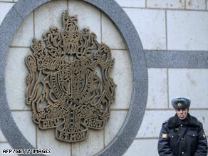 A Russian police officer guards the British Embassy in central Moscow.